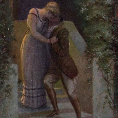 RAKKAUS / Suudelma portaikossa kuutamossa. 1900-l.