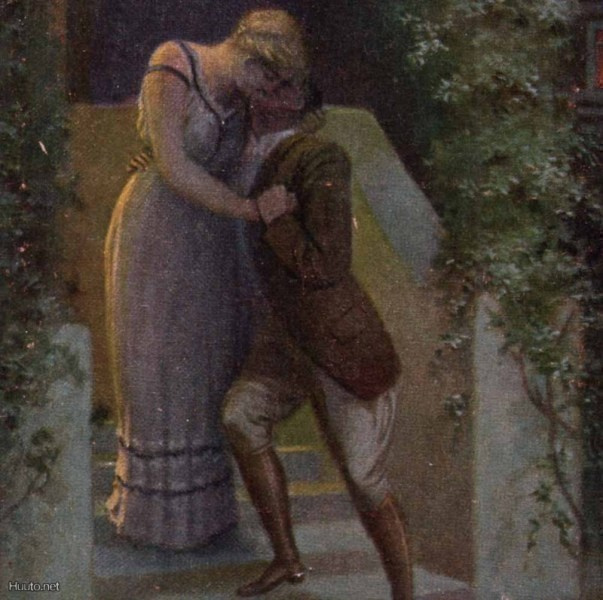 RAKKAUS / Suudelma portaikossa kuutamossa. 1900-l.