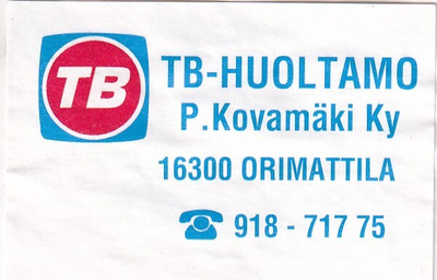 Orimattila. P. Kovamäki KY. TB, Tulitikkuetiketti.  e178