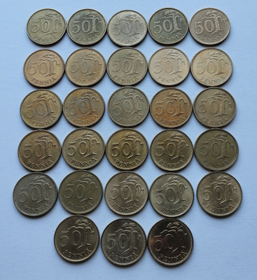 50 penniä vuodet 1963-1990, 28 kpl, circ