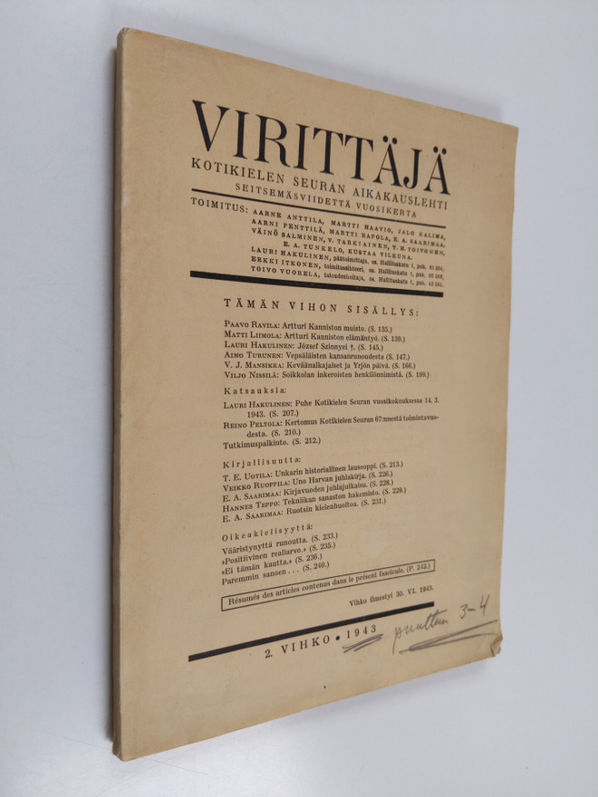 Virittäjä 2/1943 : kotikielen seuran aikakauslehti