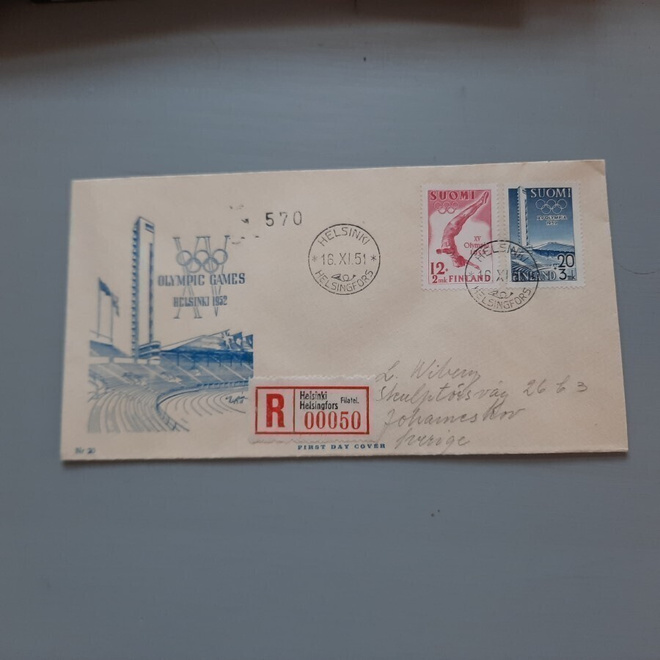 FDC Suomi 1951 Olympia R-kuori Ruotsiin