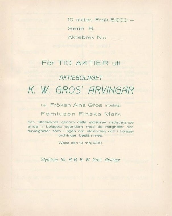 OKK 1930 K.W. Gros Arvingar Ab bla, Vaasa osakekirja