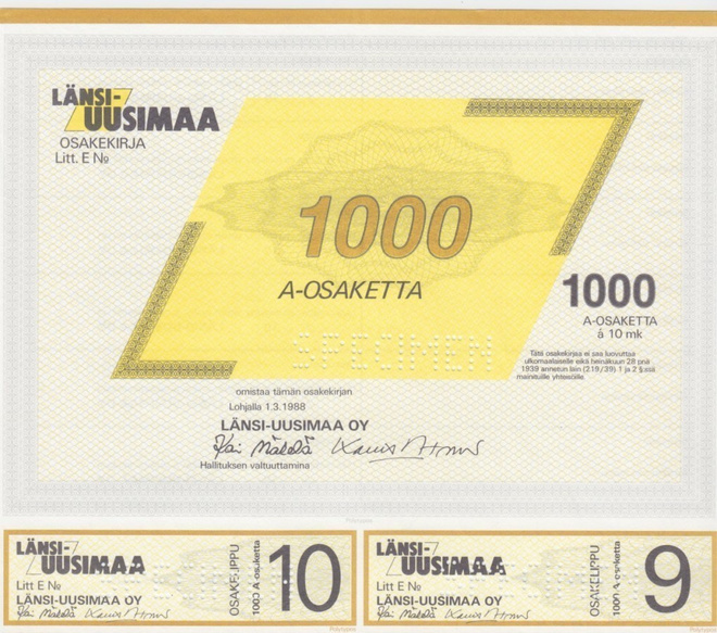 OKK 1988 Länsi-Uusimaa Oy spec, Lohja osakekirja