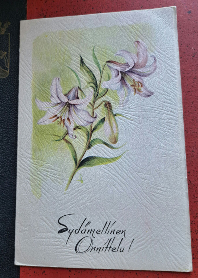 Liisa Kemppainen: liljat, taittokortti, kulkenut 1951