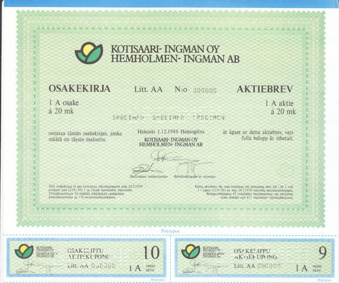 OKK Kotisaari-Ingman Oy, Helsinki 1988 specimen