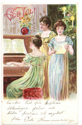 Vanha kortti, naiset laulaa ja soittaa, v. 1905