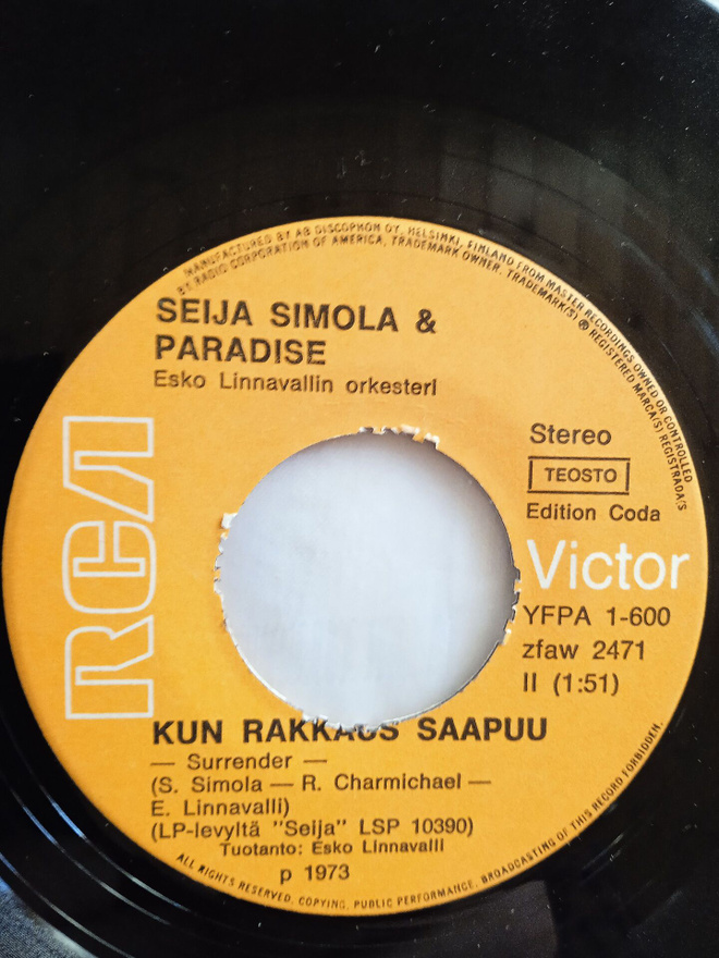 SINGLE- LEVY:SEIJA SIMOLA & PARADISE RCA VICTOR YFPA1-600