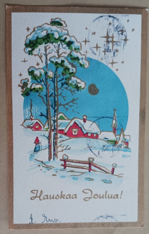 Uttuslien: Vanha leidi tarpoo lumessa kirkolle, p. 1953