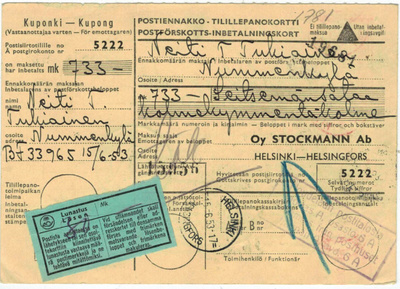 1952 M30 15mk punainen pari postiennakkopaketin plautus