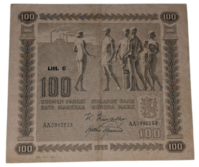 100 Markkaa 1922 Litt. C AA0990753 kl 3