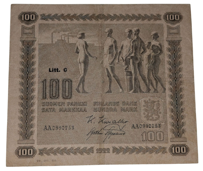 100 Markkaa 1922 Litt. C AA0990753 kl 3/4