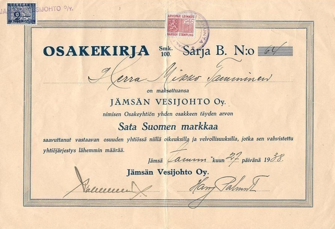 OKK 1938 Jämsän Vesijohto Oy, Jämsä osakekirja