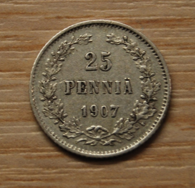 Hopeaa  25 Penniä 1907 Nikolai II