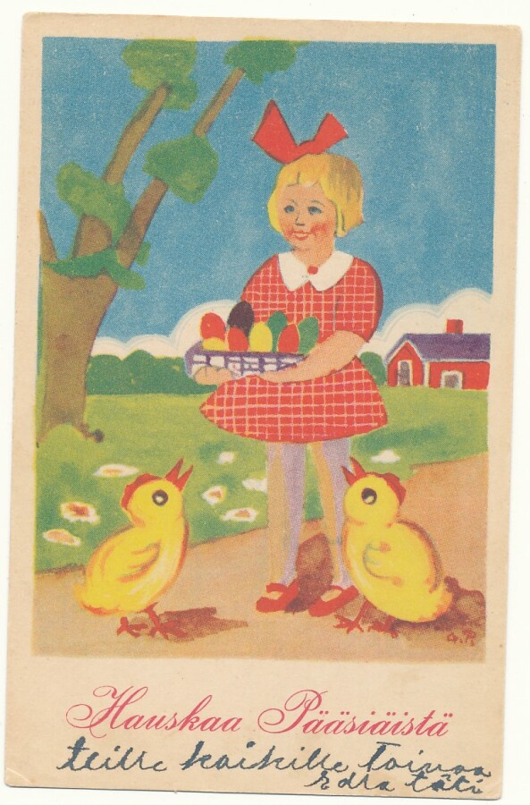 Tyttö ja tipuja -vanha pääsiäiskortti