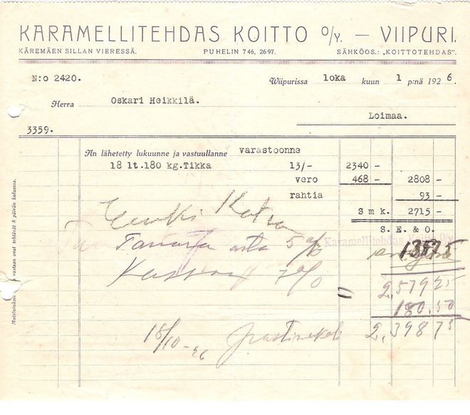 Viipuri, Karamellitehdas Koitto, 3 laskua, 1920 lukua.