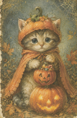 Halloween pienellä kissalla kurpitsa-sasu