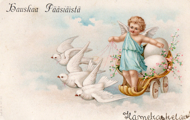Vanha pääsiäiskortti-enkeli ja linnut