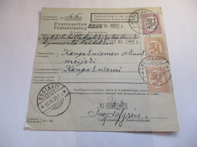 1928 Suolahti postiosoitus Kangasniemi Osuusmeijeri