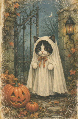 Halloween kissa portin vieressä kummitusasussa