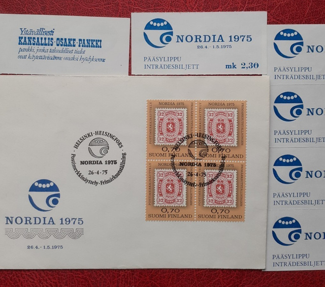 Nordia Postimerkkinäyttely 1975 epk Nelilö + 6 kpl sis.pääsy