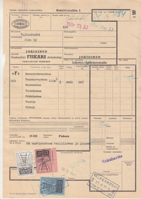 Jokioisten rautatie 1955 rahtikirja merkein