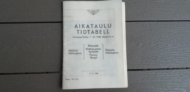 VR Aikataulu 1958 Helsinki - Riihimäki, Kirkkonummi, Porvoo