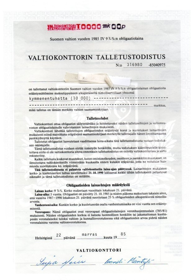 Valtiokonttorin talletustodistus vuodelta 1985 / IV