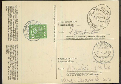 1952 M30 10 mk vihreä jälkitaksoituskortti TORNIO