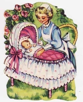 EO 8003 / Lempeä lastenhoitaja vauvan vuoteen äärellä.