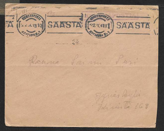 Postilähetys - Kenttäposti + KPK 1 22.9.1943
