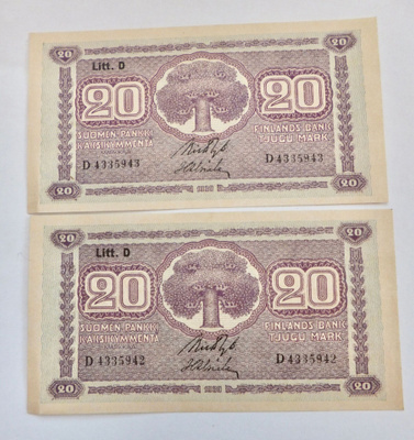 2 x 20 mk 1939 Pakkasileät Numerot Peräkkäin