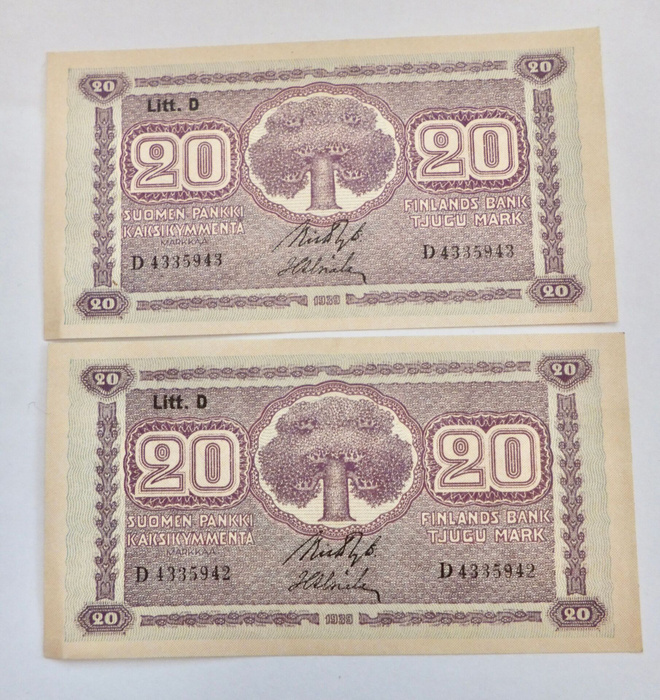2 x 20 mk 1939 Pakkasileät Numerot Peräkkäin