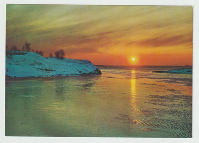 Lumiset rantakalliot , auringonlasku
