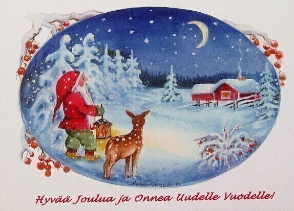 Tonttu ja lyhde, kuu valaisee Joulukortti