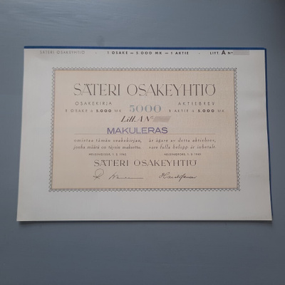 osakekirja Säteri oy HKI 1942 makuloitu