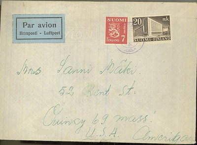 1945 20mk postitalo ym lentokirje USAhan
