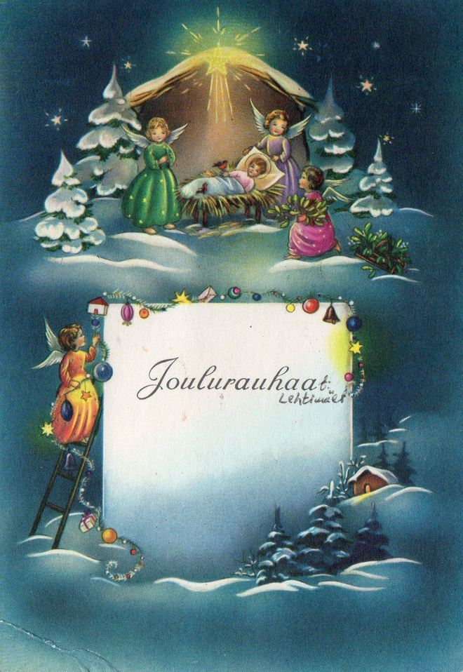 Vanha joulukortti-enkelit ja joulukoristeet