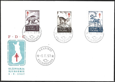 FDC 1957 Tuberkuloosi merkit LaPe 479 - 481 LOISTOT
