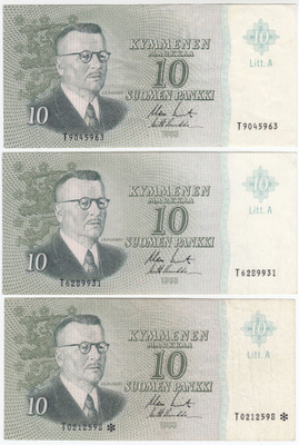 10 Markkaa 1963 Litt.A T-sarjaa TRIO (vl.I + vl.II ja vl.I*)