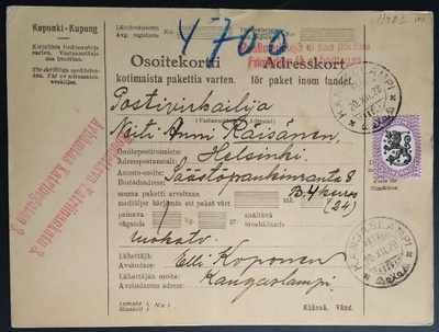 Saarismallin 5 mk:n merkki pak.kortilla KANGASLAMPI 1928