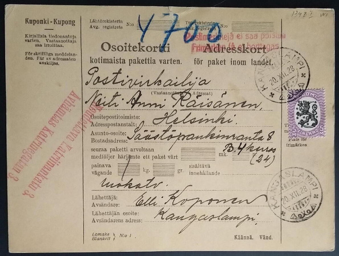 Saarismallin 5 mk:n merkki pak.kortilla KANGASLAMPI 1928