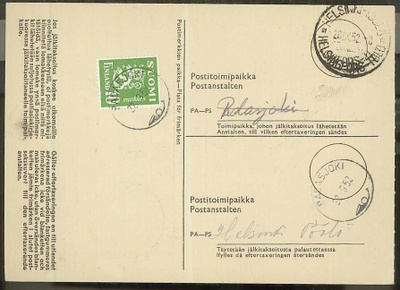 1952 M30 10mk vihreä jälkitaksoituskortilla PADASJOKI