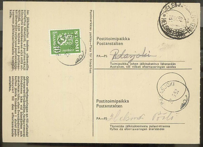 1952 M30 10mk vihreä jälkitaksoituskortilla PADASJOKI