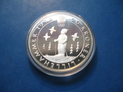 Norja 50 kruunua hopea Olympiaraha Lillehammer - 1991 PROOF