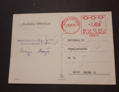 Jouluk. Uusikaupunki frank.leima+Rauma-Repolaleima, 1983