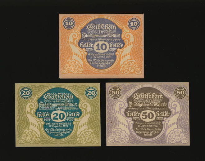 Itävalta Notgeld 10, 20, 50 Heller, Melk 1920