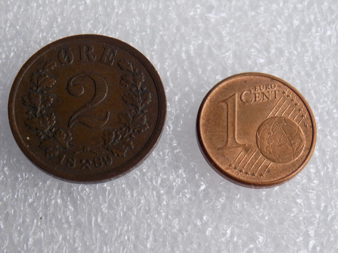 1 euro cent 2007 + 2 öre 1889 norway