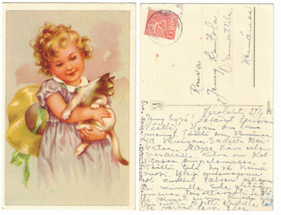 Vanha kortti, ARTKO 248/12, tyttö ja kissa, vuodelta 1955