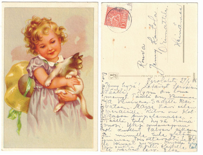 Vanha kortti, ARTKO 248/12, tyttö ja kissa, vuodelta 1955